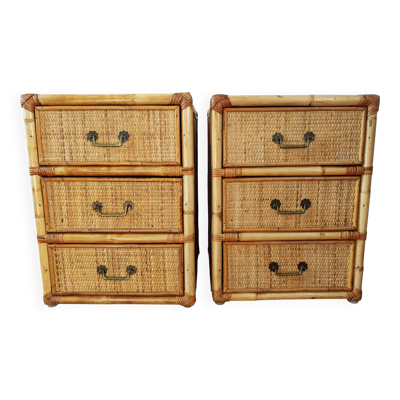 Paire de tables de chevet Riviera en bambou et rotin tressé, années 1970