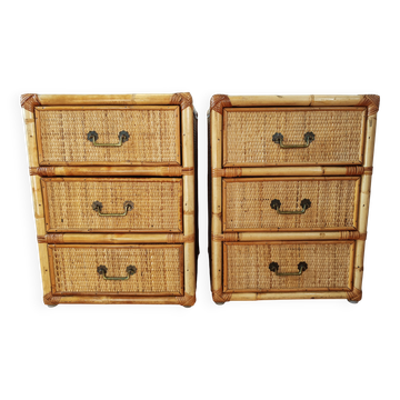Pair of Riviera bedside tables in bamboo and woven rattan, 1970s.