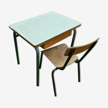 Small school table in wood, metal and formica - chair, vintage 70s