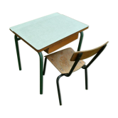 Table d'écolier en bois métal et formica + chaise vintage 70s