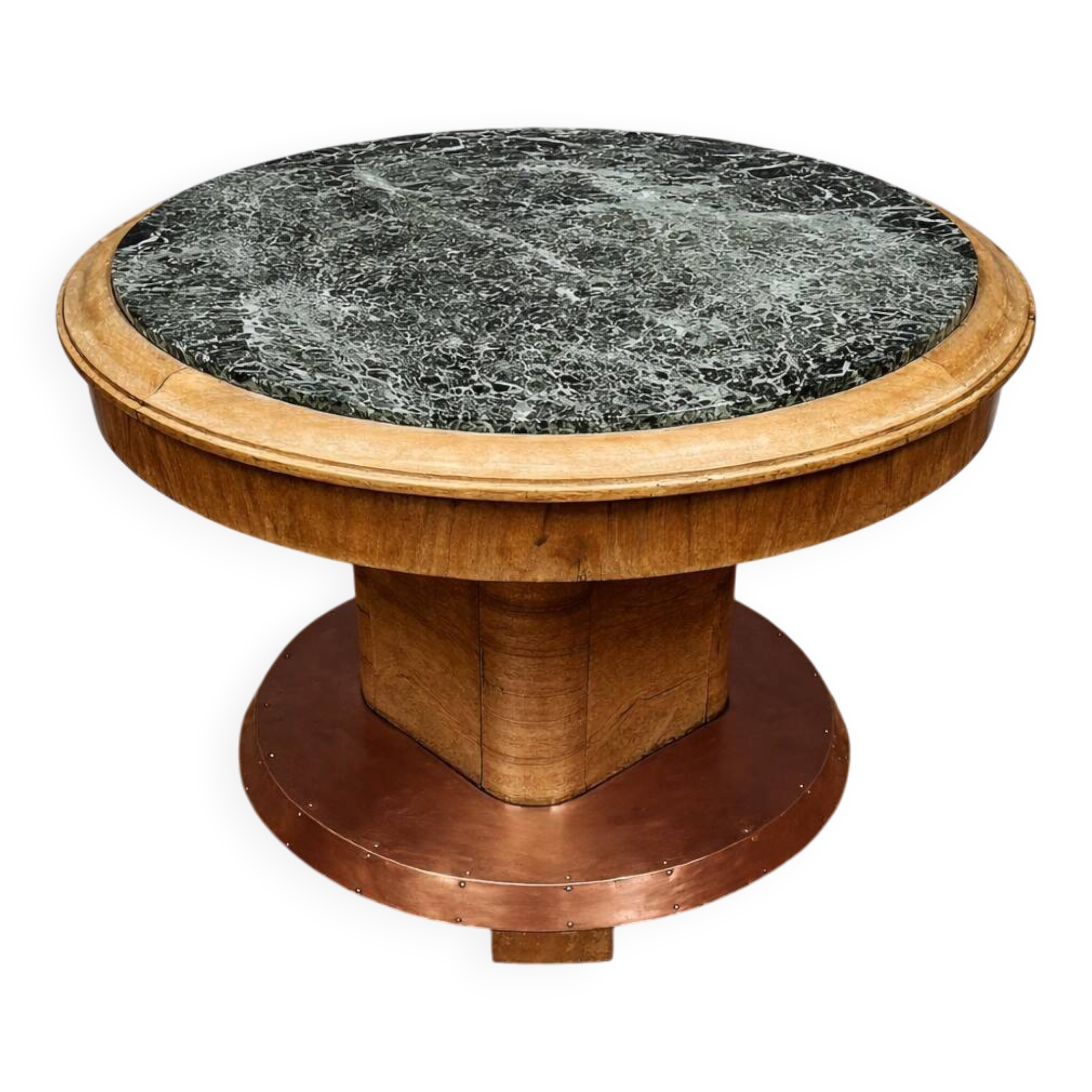 Art Deco table in wood, copper and marble – circular top – around 1930