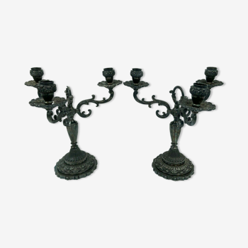 Pair of candle holders in silver metal 3 lights late xix th style louis xv