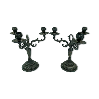 Pair of candle holders in silver metal 3 lights late xix th style louis xv