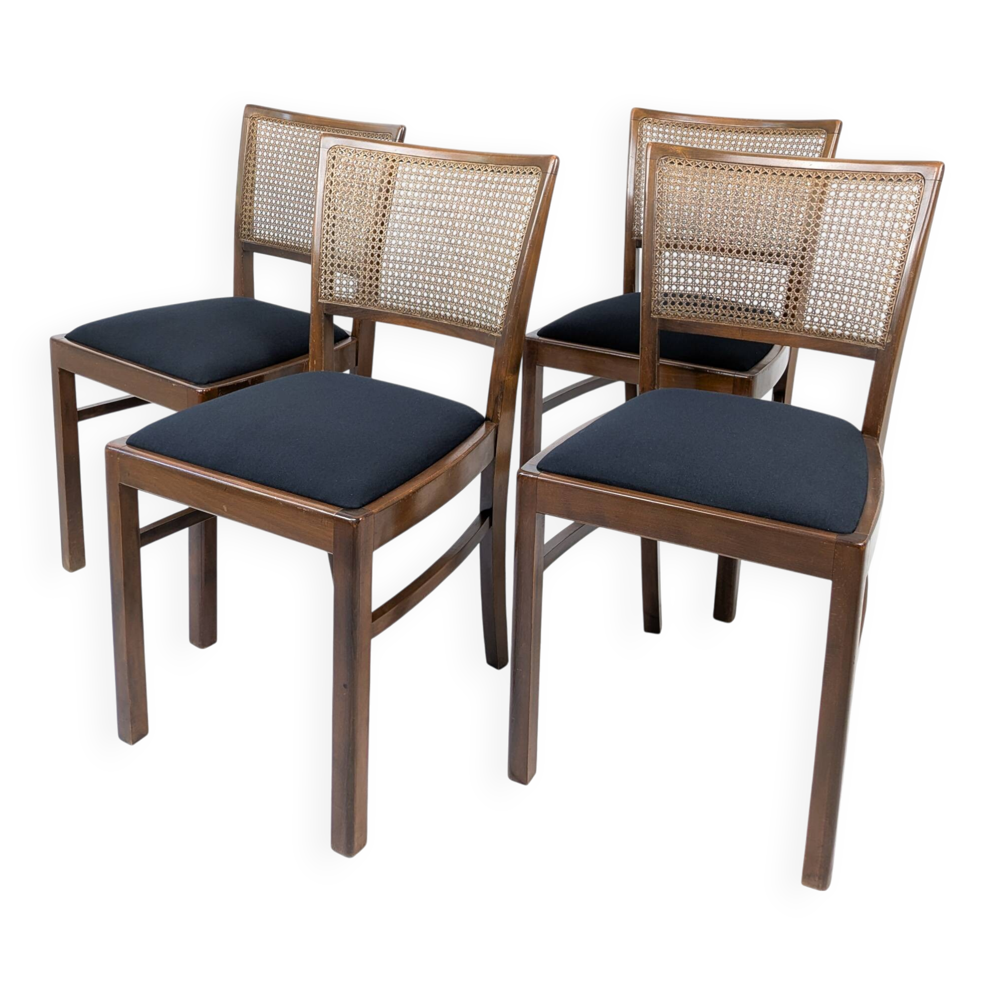 Lot de 4 chaises vintage en bois, cannage viennois et assise noire