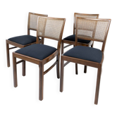 Lot de 4 chaises vintage en bois, cannage viennois et assise noire