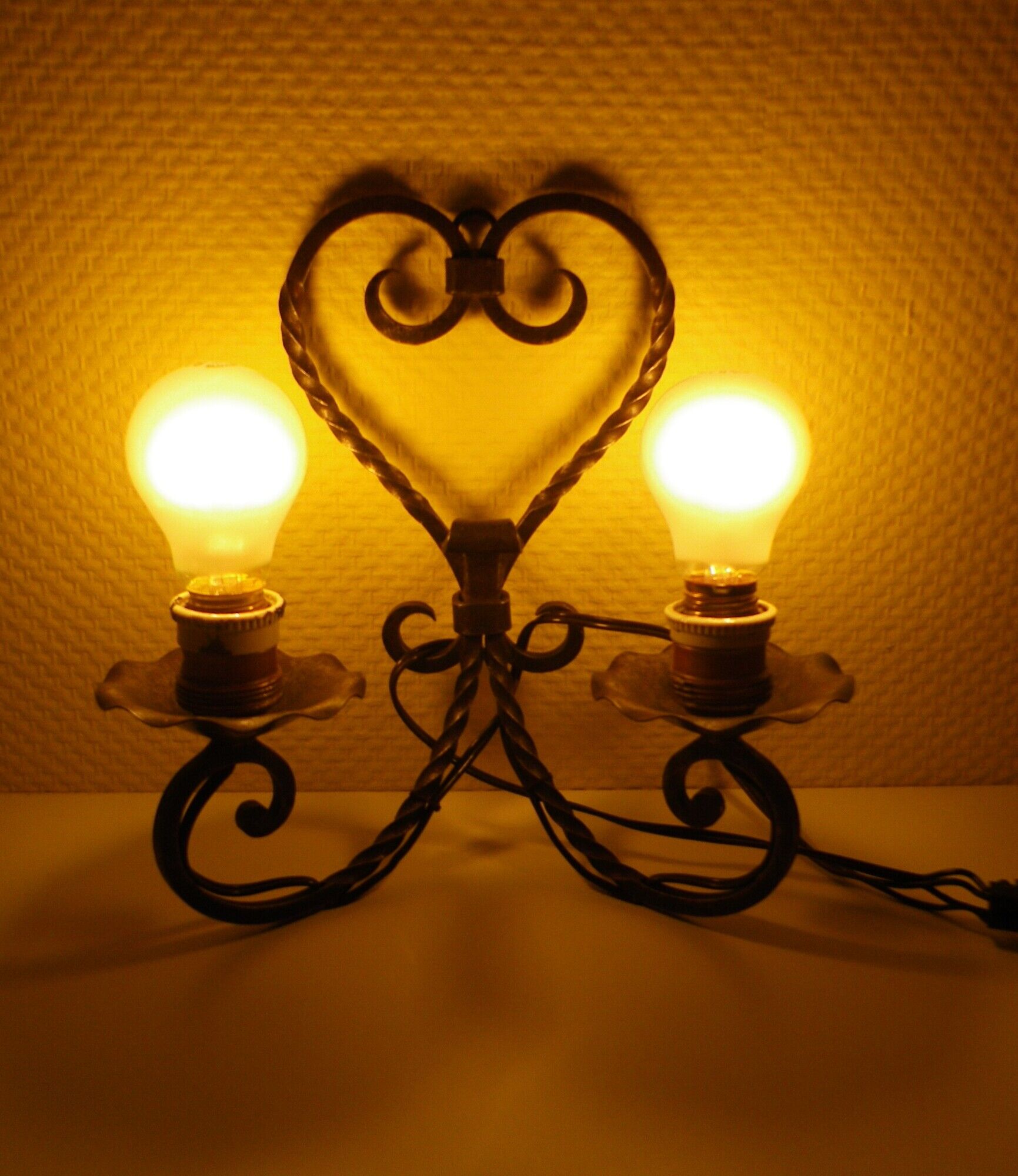 Real wrought iron wall sconce assembled and uns welded, porcelain and brass sleeves -1930/40