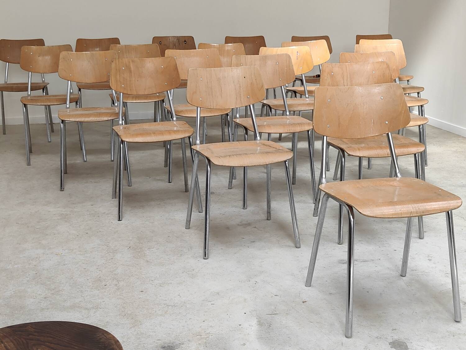 Set of 22 Kovona chrome and wood restaurant chairs