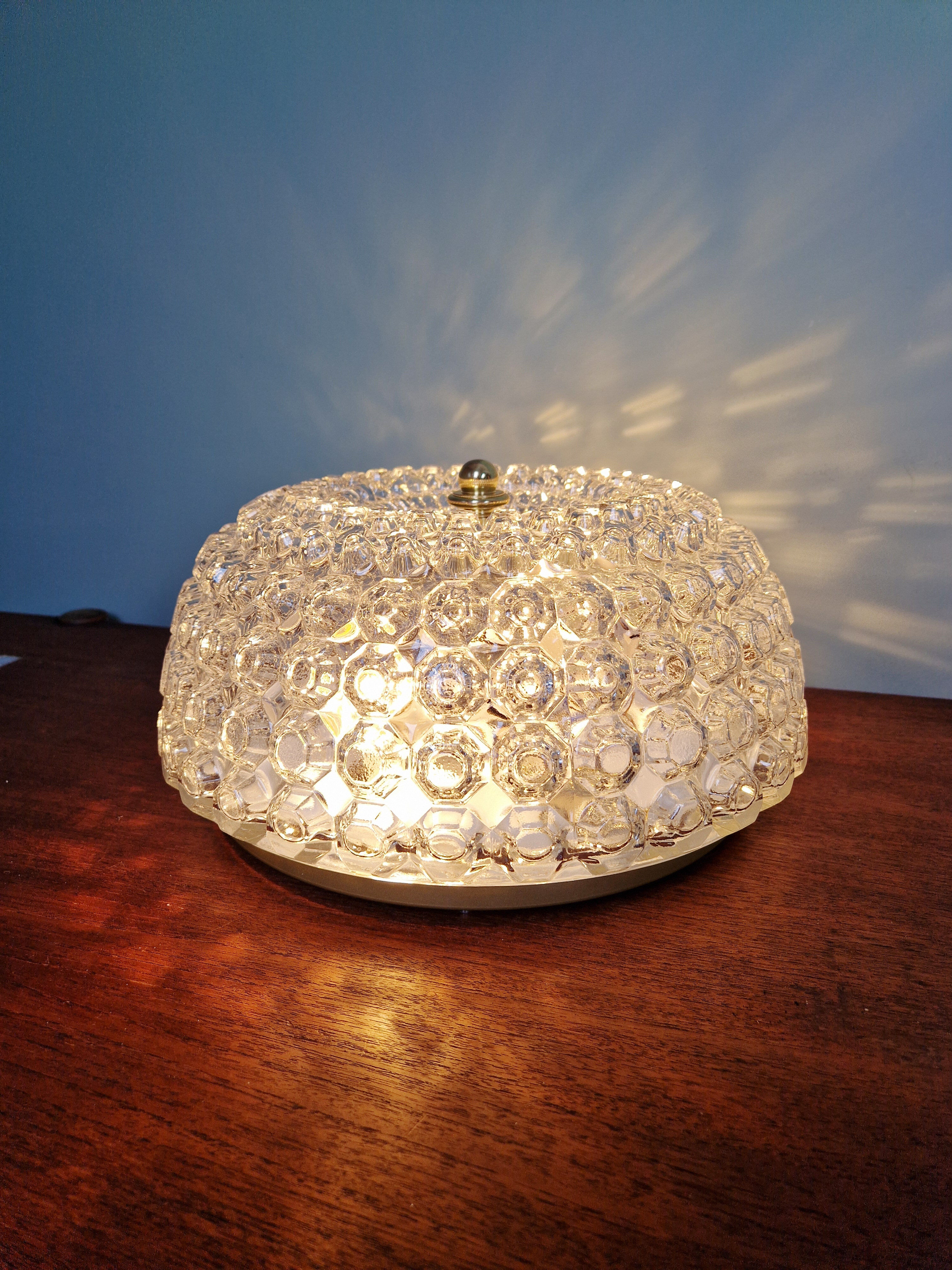 Large honeycomb glass ceiling light and brass, Glasshütte Limburg, 1970