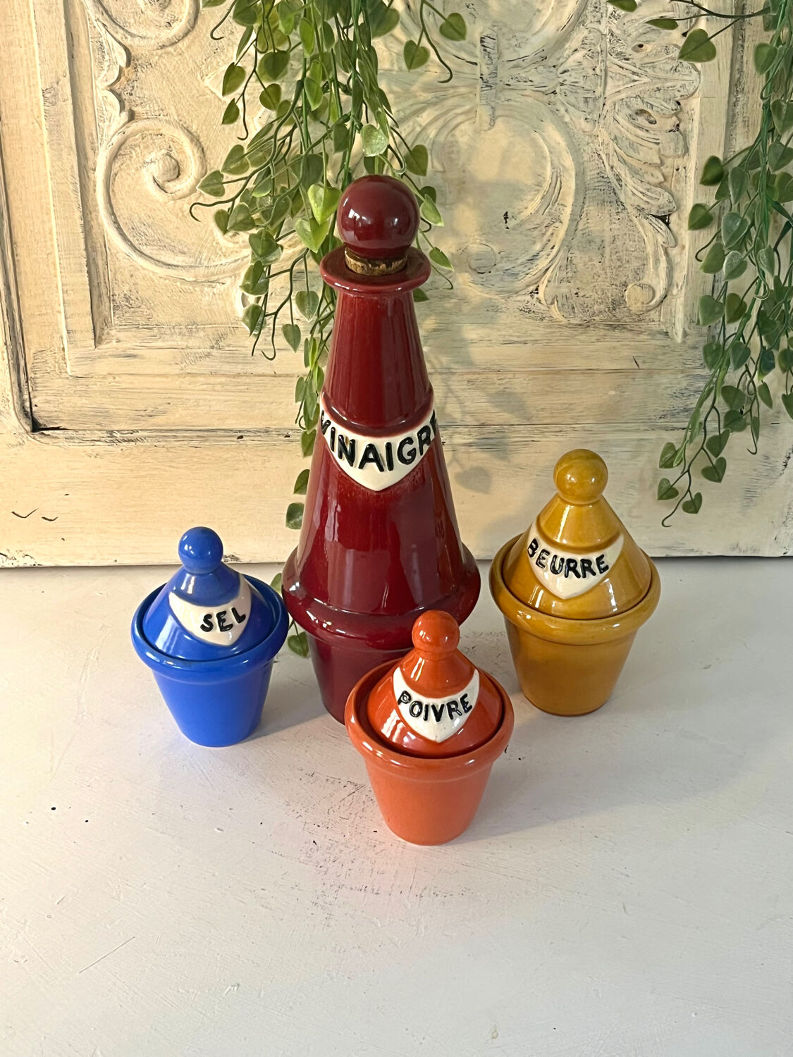 French 1950s ceramic vinaigrette set, Pol Chambost style