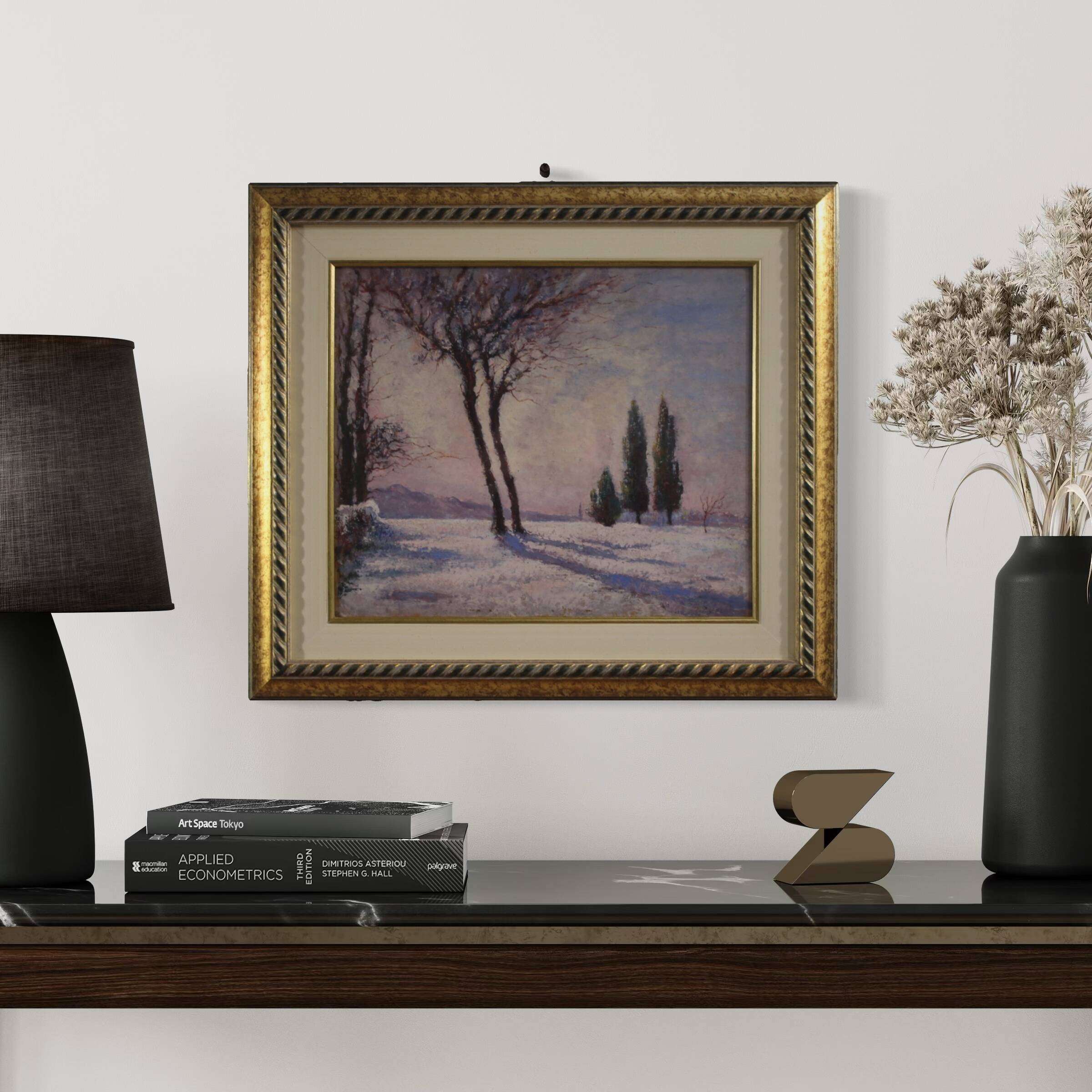 Peinture de paysage enneigé italien signée et datée de 1932.