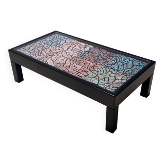 Vintage Rectangular Lacquered Beach Coffee Table with Colorful Plaster Relief