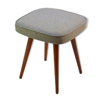 Tabouret vintage en bois et tissu gris 1960