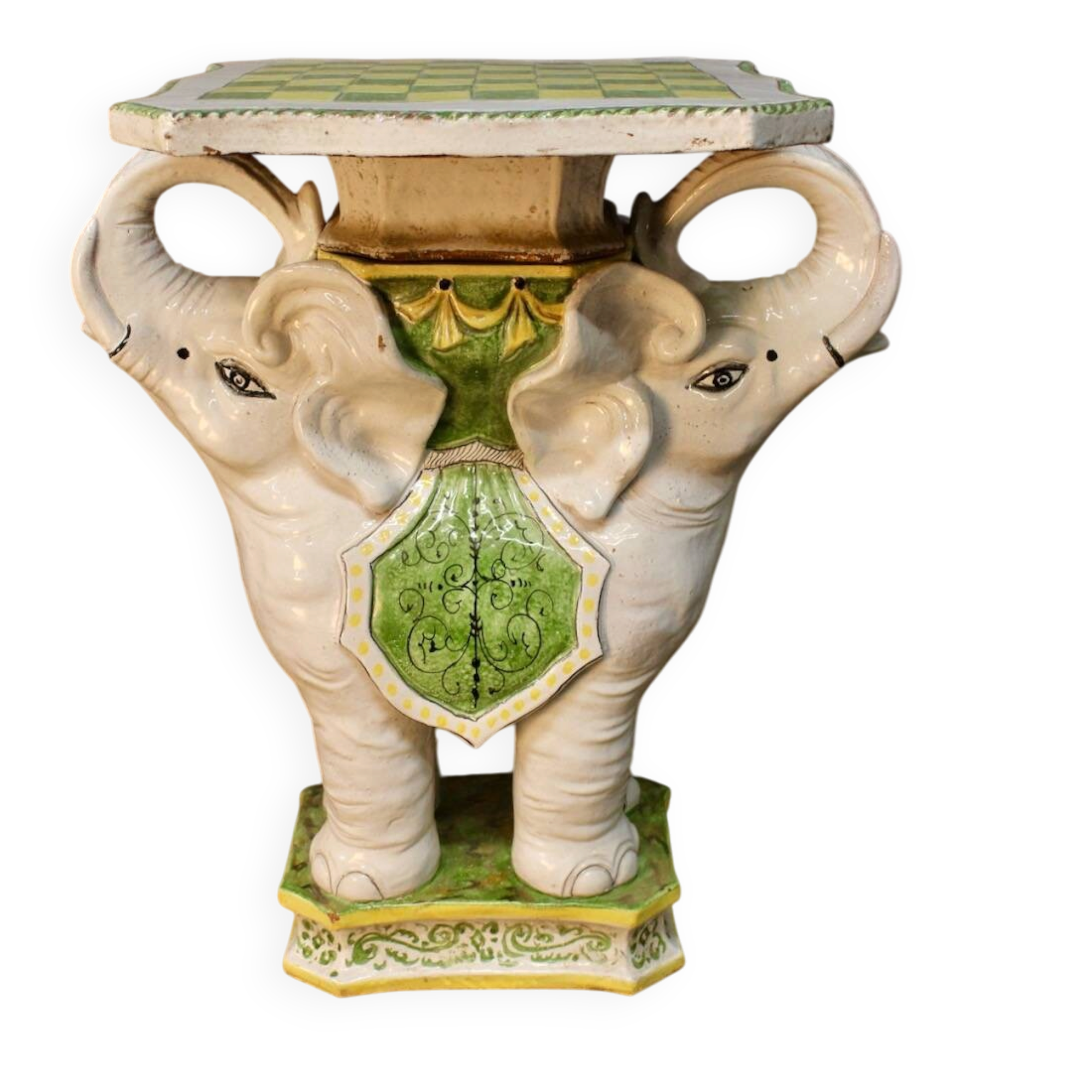 "Elephants" design chess table, enamelled, hand-painted.