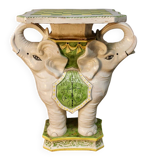 "Elephants" design chess table, enamelled, hand-painted.