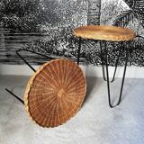 Metal and rattan tripod side table pair
