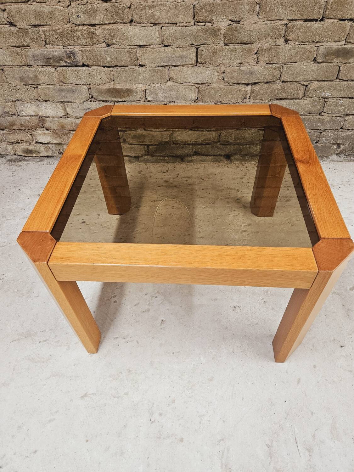 Coffee table in wood and smoked glass 1970 vintage
