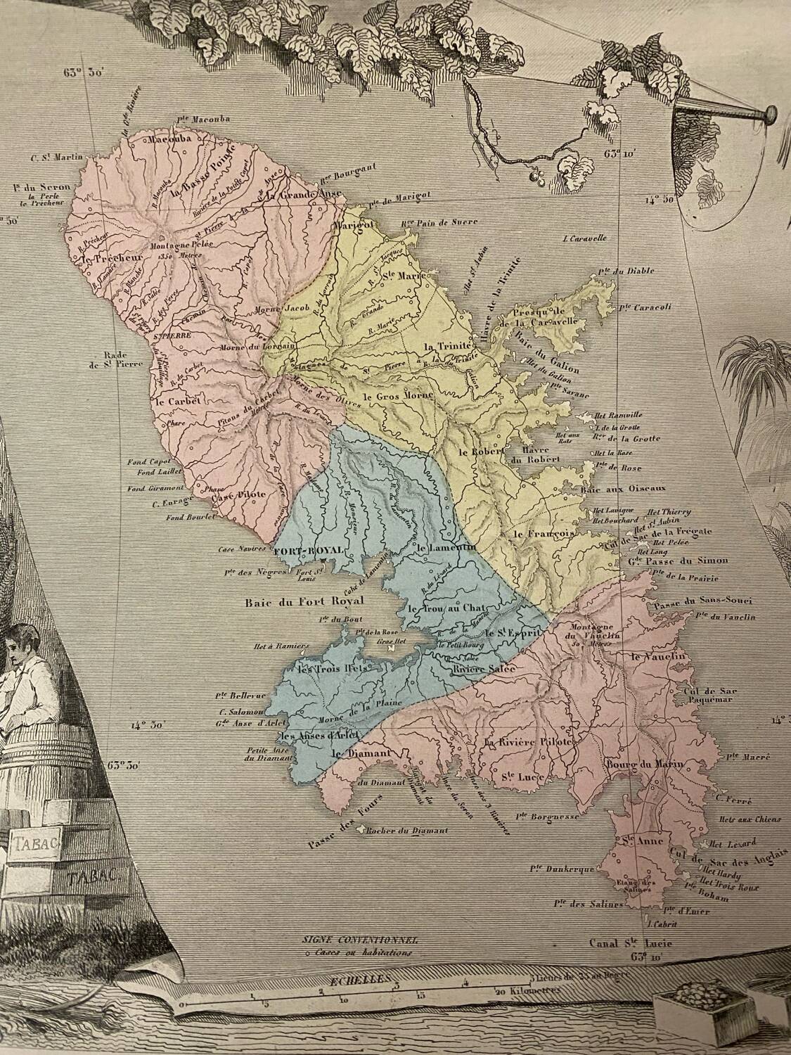 Old illustrated map of French colonies Martinique.