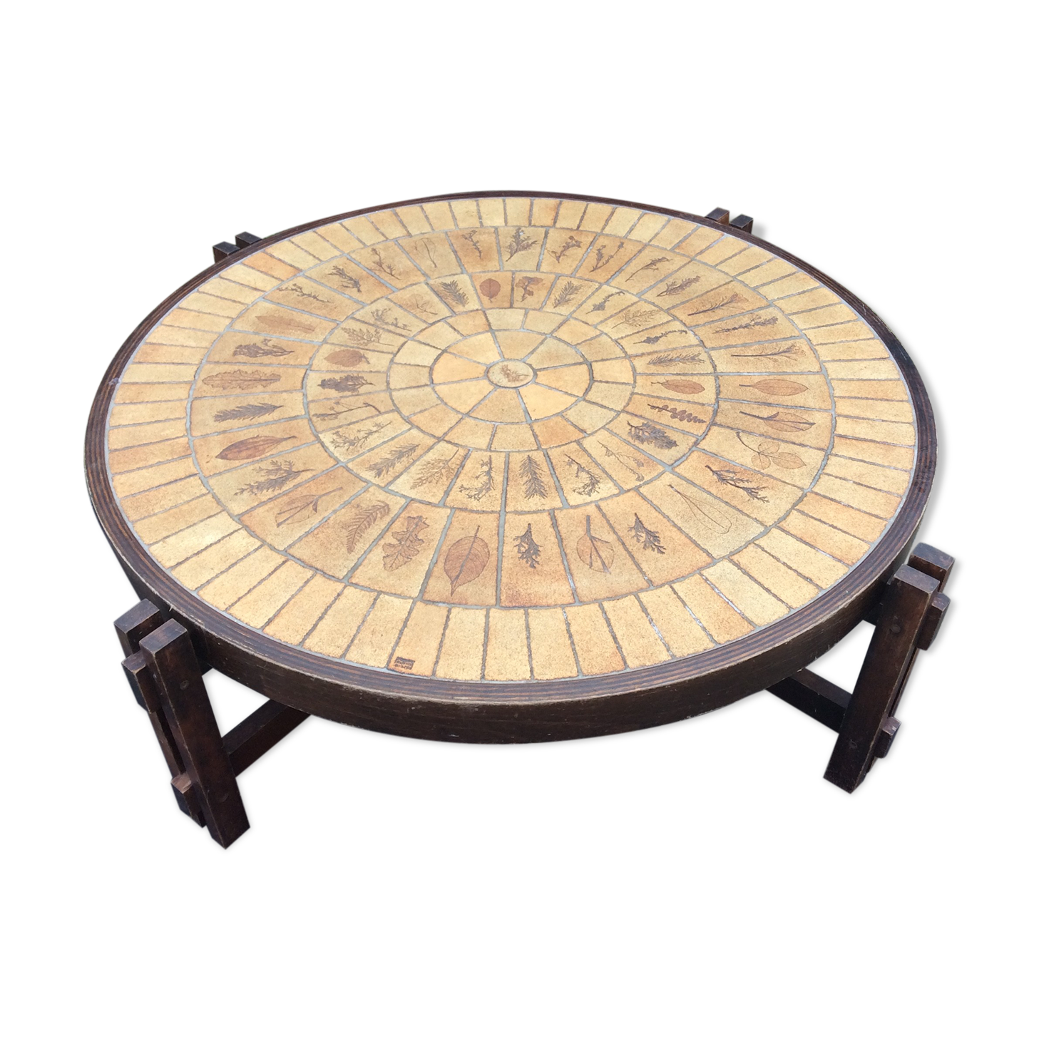 Vintage coffee table in wood and ceramic stamped Roger Capron model said garrigue aux herbiers.