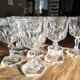 Set of 9 thick glass wine glasses faceted hexagonal foot