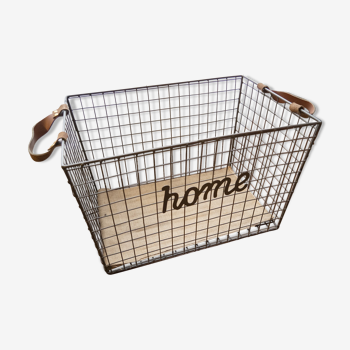 Grey metal grid basket and faux leather handles