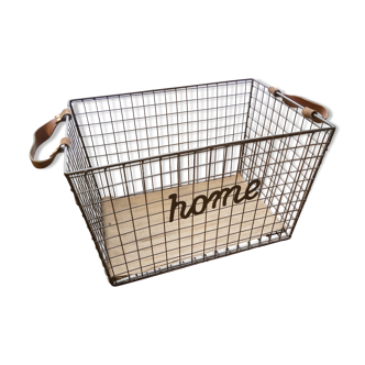 Grey metal grid basket and faux leather handles