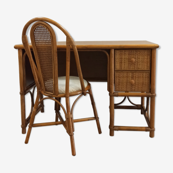 Bureau et chaise en bambou et rotin