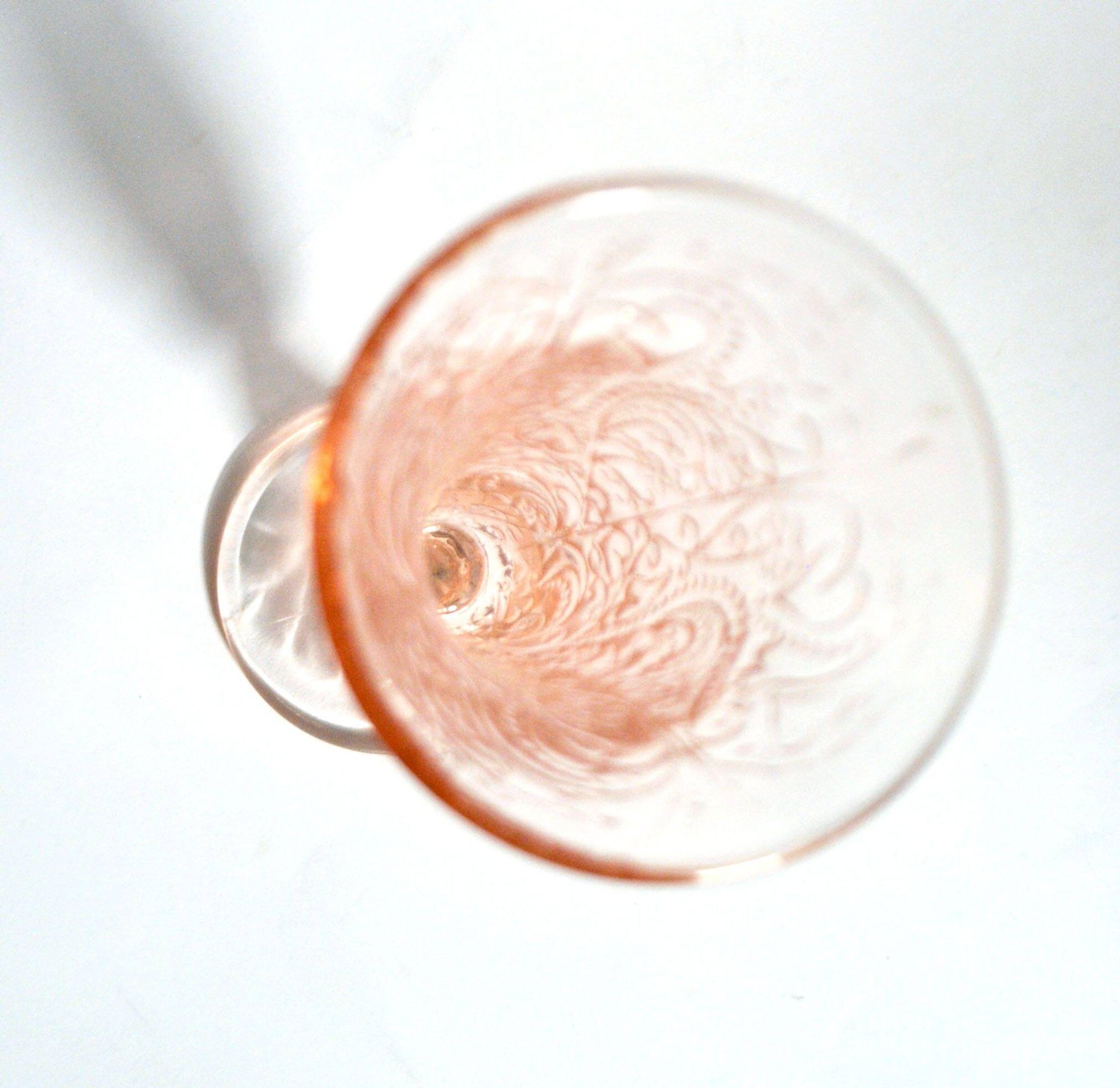 Vintage pink moulded glass cornucopia vase – bead and heart decoration