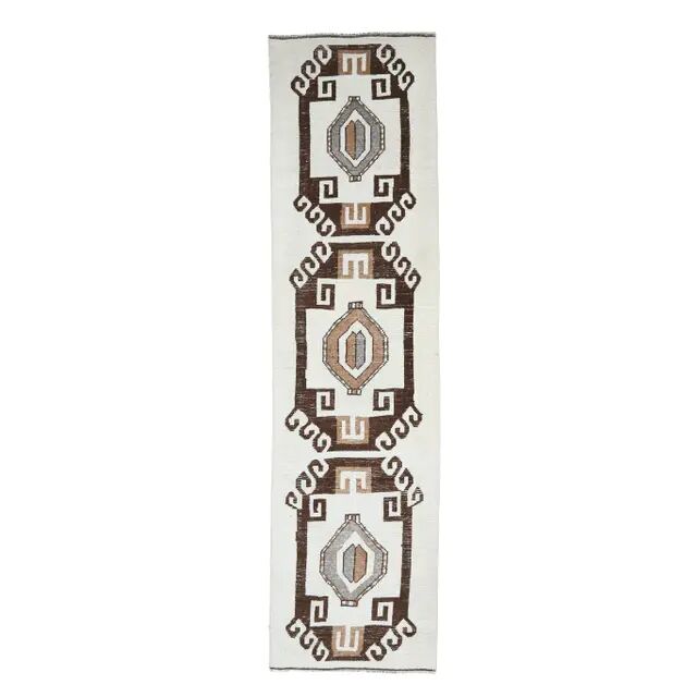 Vintage Turkish Oushak Handmade Wool Cotton White Runner 90x350