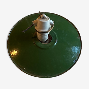 Vintage lampshade in green enamelled sheet metal and porcelain socket, old chandelier, suspension lamp