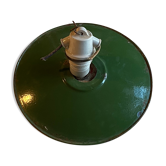 Vintage lampshade in green enamelled sheet metal and porcelain socket, old chandelier, suspension lamp