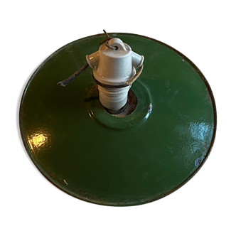 Vintage lampshade in green enamelled sheet metal and porcelain socket, old chandelier, suspension lamp