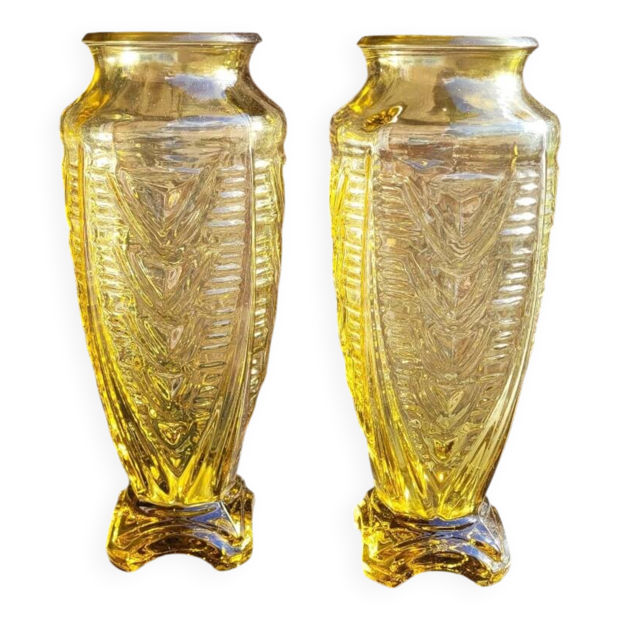 Pair of Art Deco vases in amber moulded glass