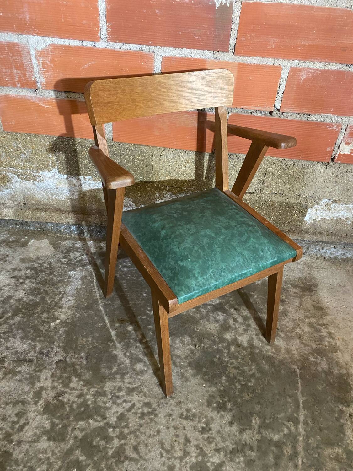 Fauteuil Bridge Ancien Pieds Compas & Skaï Vert Années 1960 Vintage #D