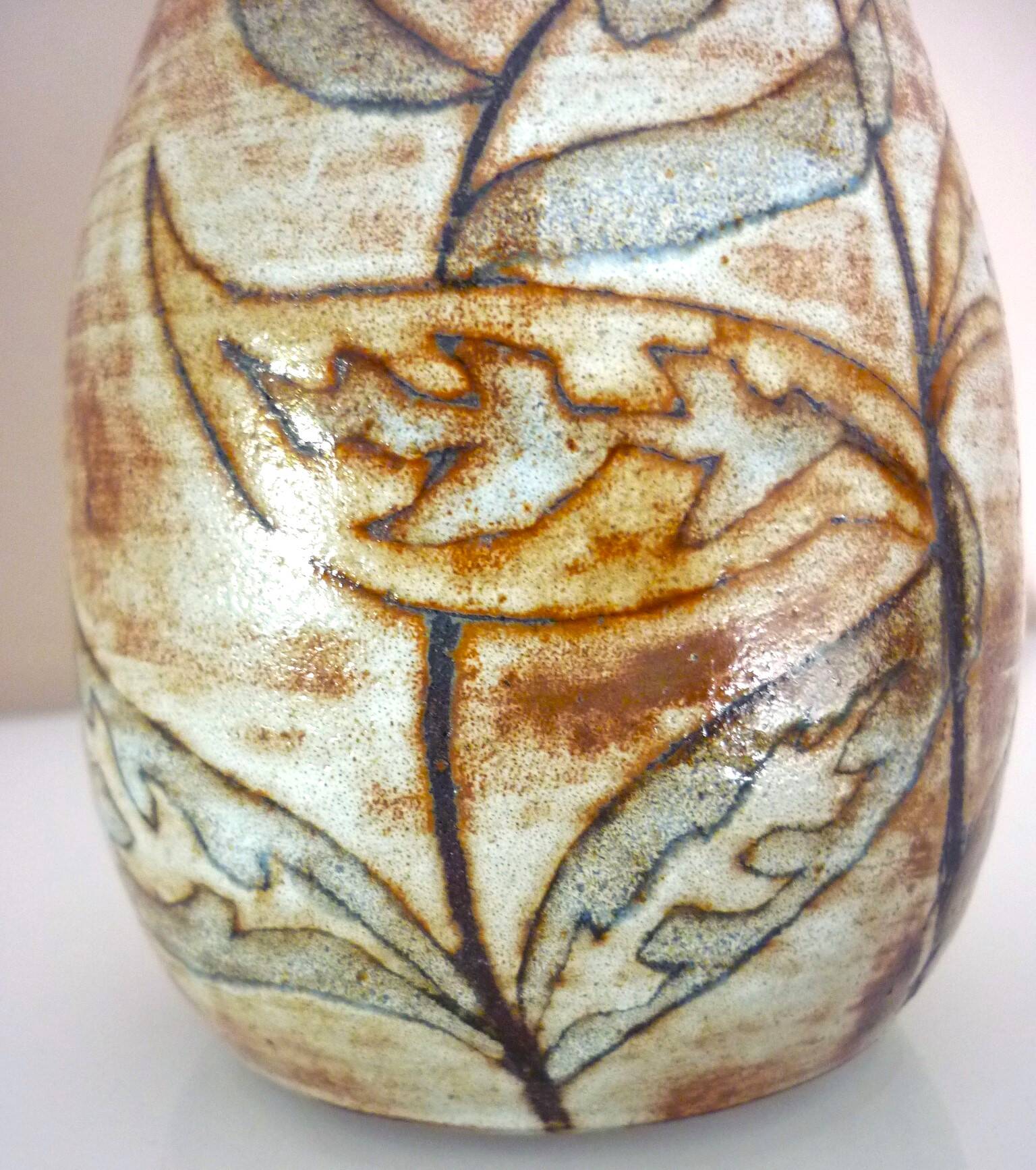 Glazed ceramic drop vase, signed Michel Argans, leaf decoration