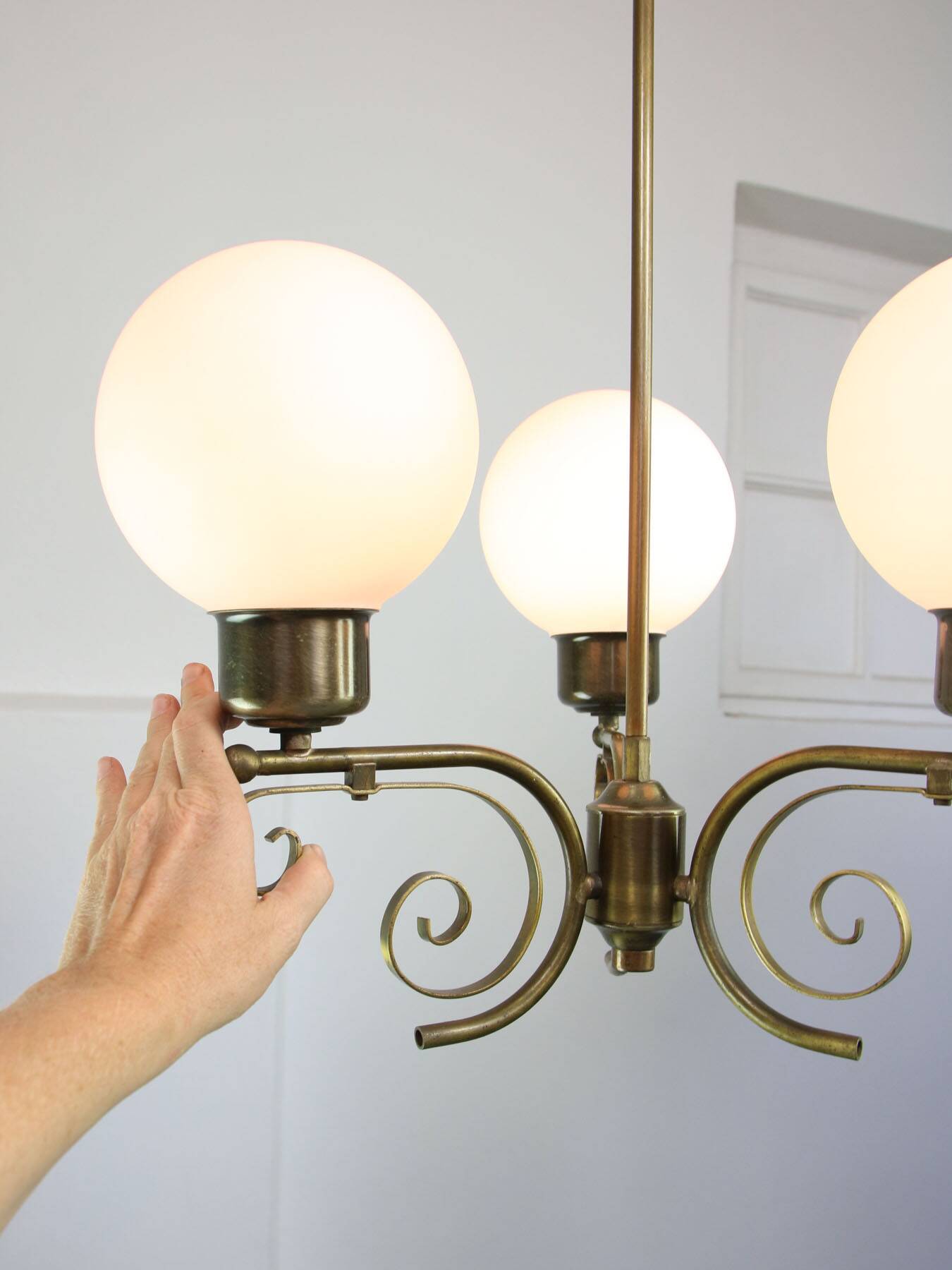 Vintage Italian Brass and Opaline Chandelier