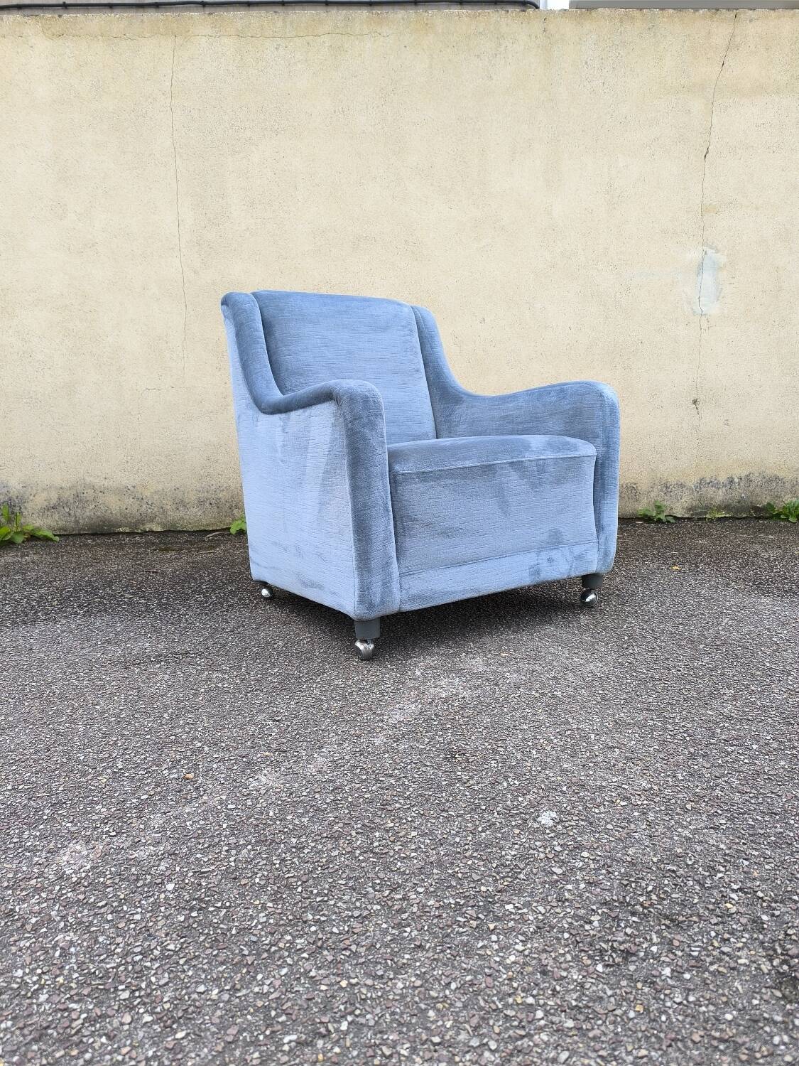 Cocktail armchair in sky blue velvet 1960s