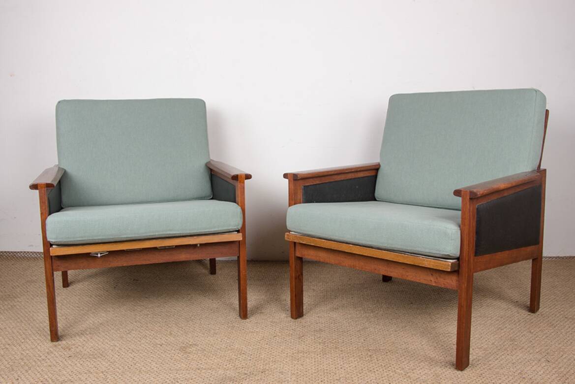 Pair of Danish Armchairs in Teak, fabric and leather, model N°4 Capella Illum Wikkelsø/Niels Eilersen.