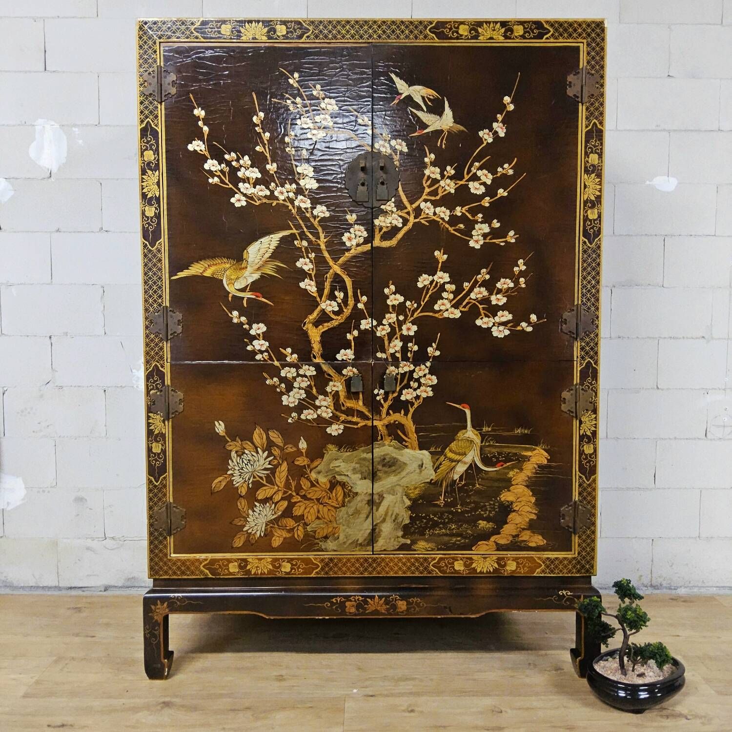 Vintage Chinese cabinet with birds & flowers, red & gold (bohemian)