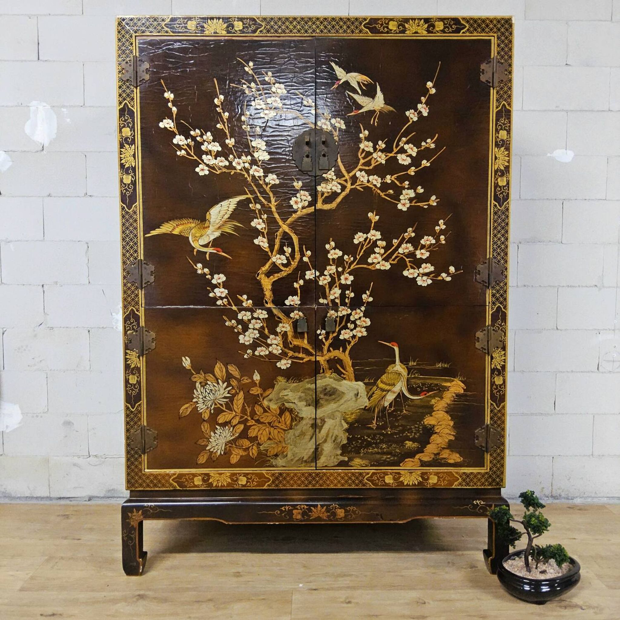 Vintage Chinese cabinet with birds & flowers, red & gold (bohemian)