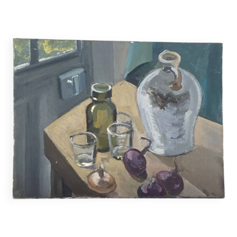 Oil painting on canvas, still life with glasses, 1950s