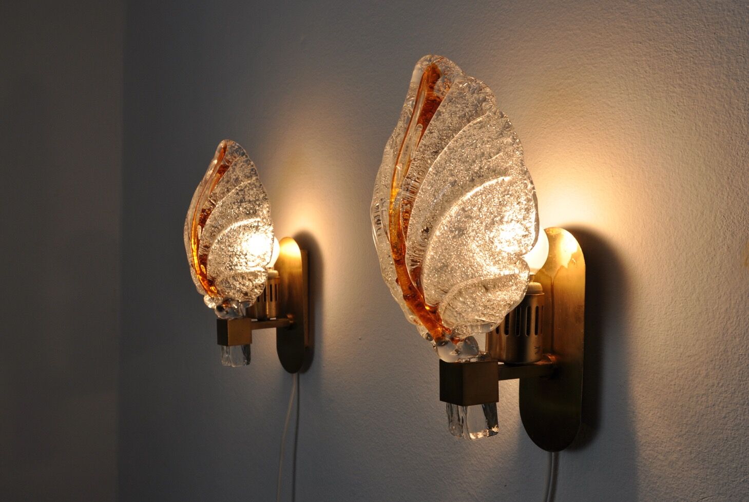 Pair of "leaf" wall lamps by Carl Fagerlund, Murano glass, Germany, 1970