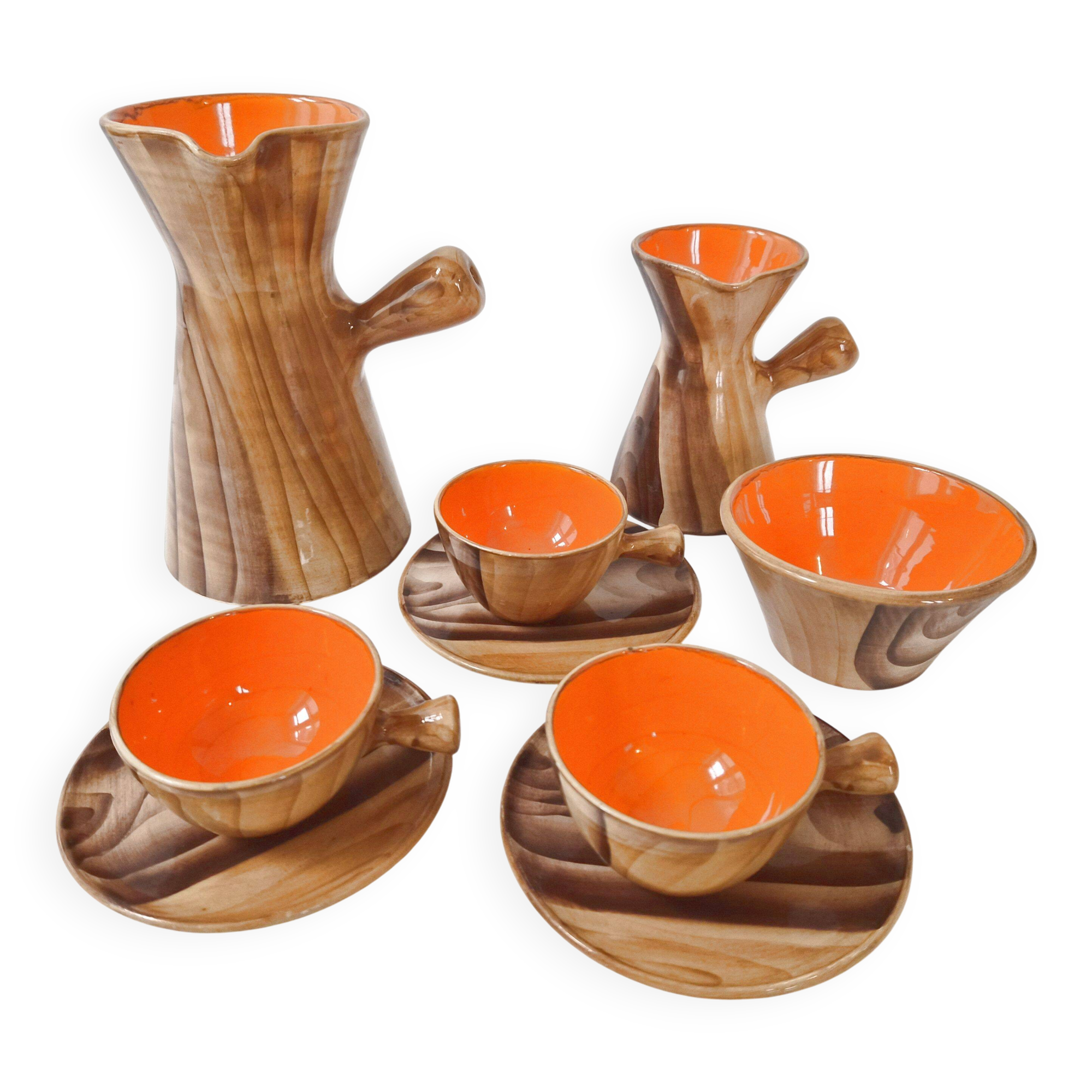 Ceramic coffee service faux-wood Vallauris 1960