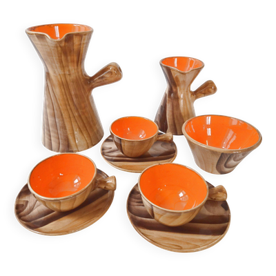 Service à café céramique faux-bois Vallauris 1960