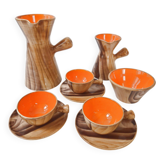 Ceramic coffee service faux-wood Vallauris 1960