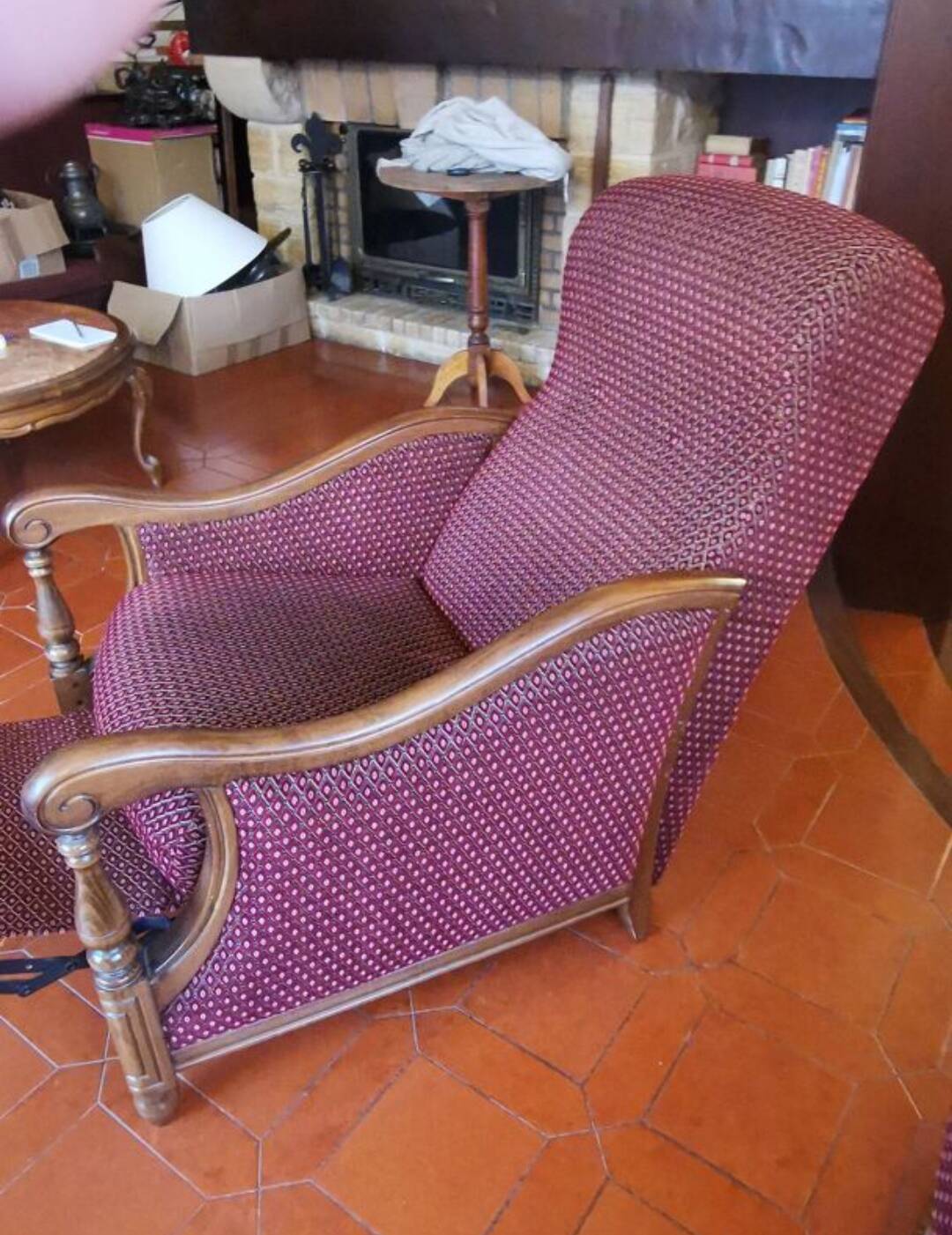 Louis XV style velvet and cherry wood reclining armchair