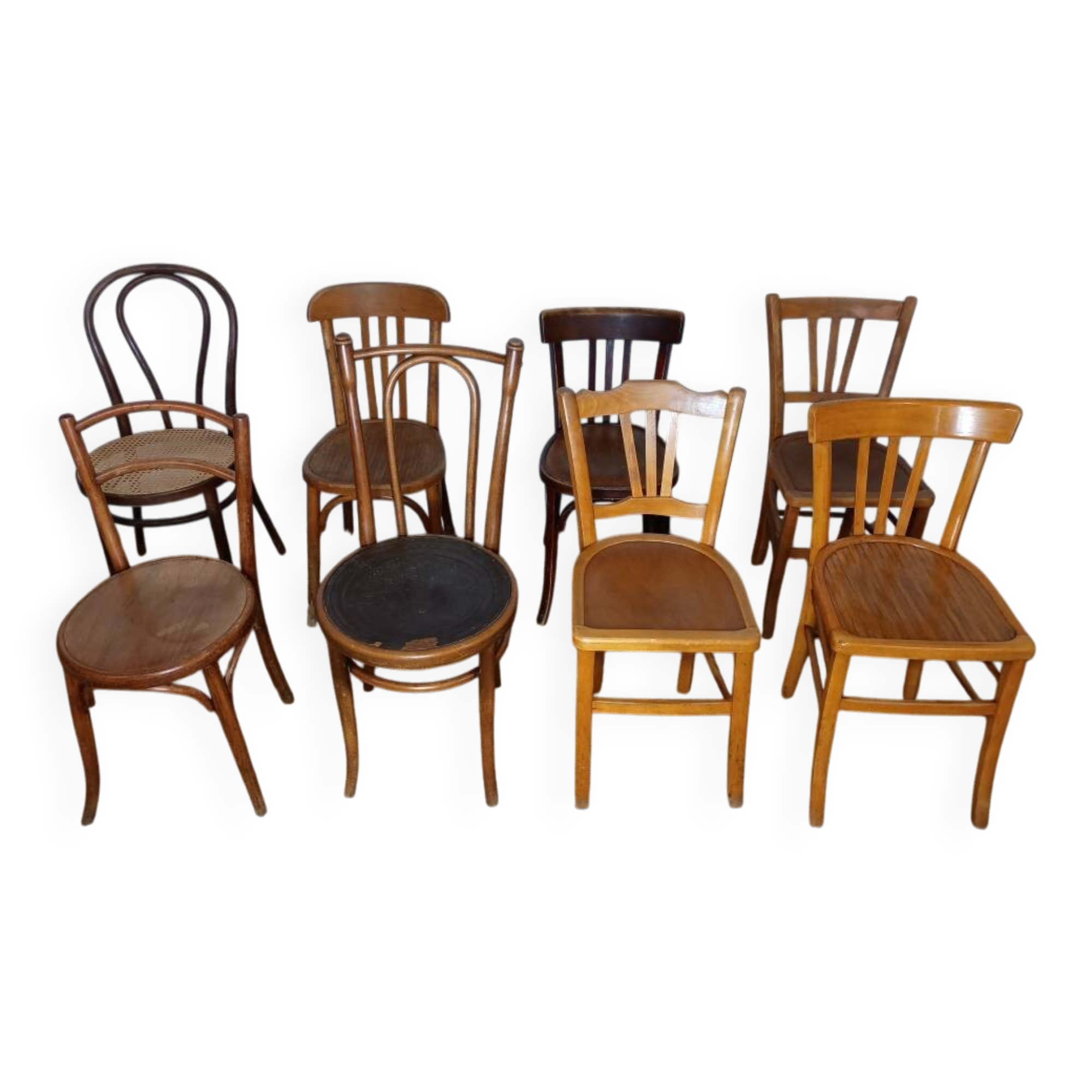 Set of 8 mismatched vintage Fischel bistro chairs