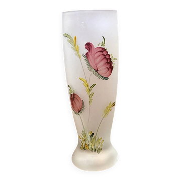 Vase soliflore vintage en verre dépoli à décor de fleurs peintes