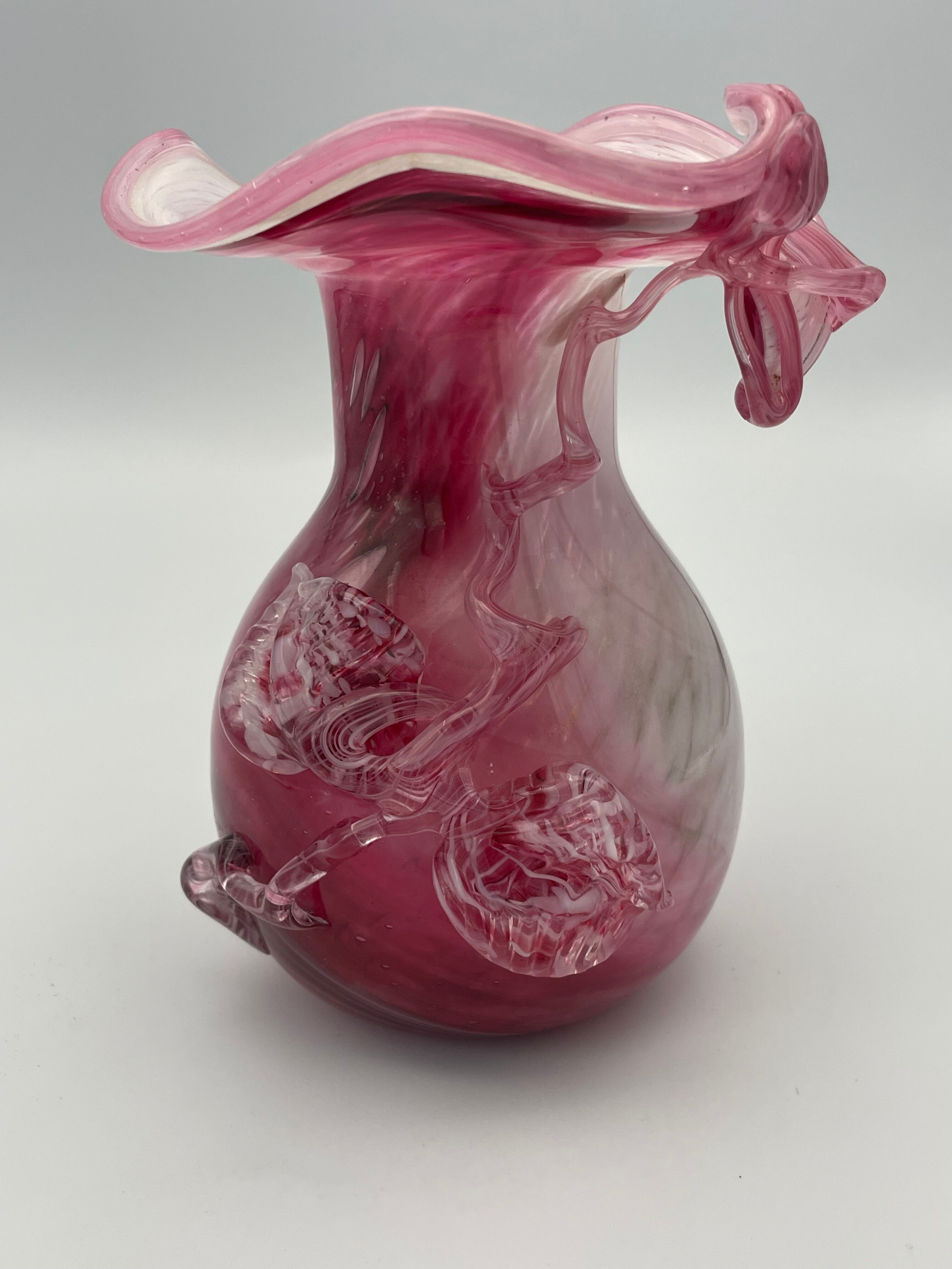 Hand-blown glass vase pink shade with sculptural leaf decor
