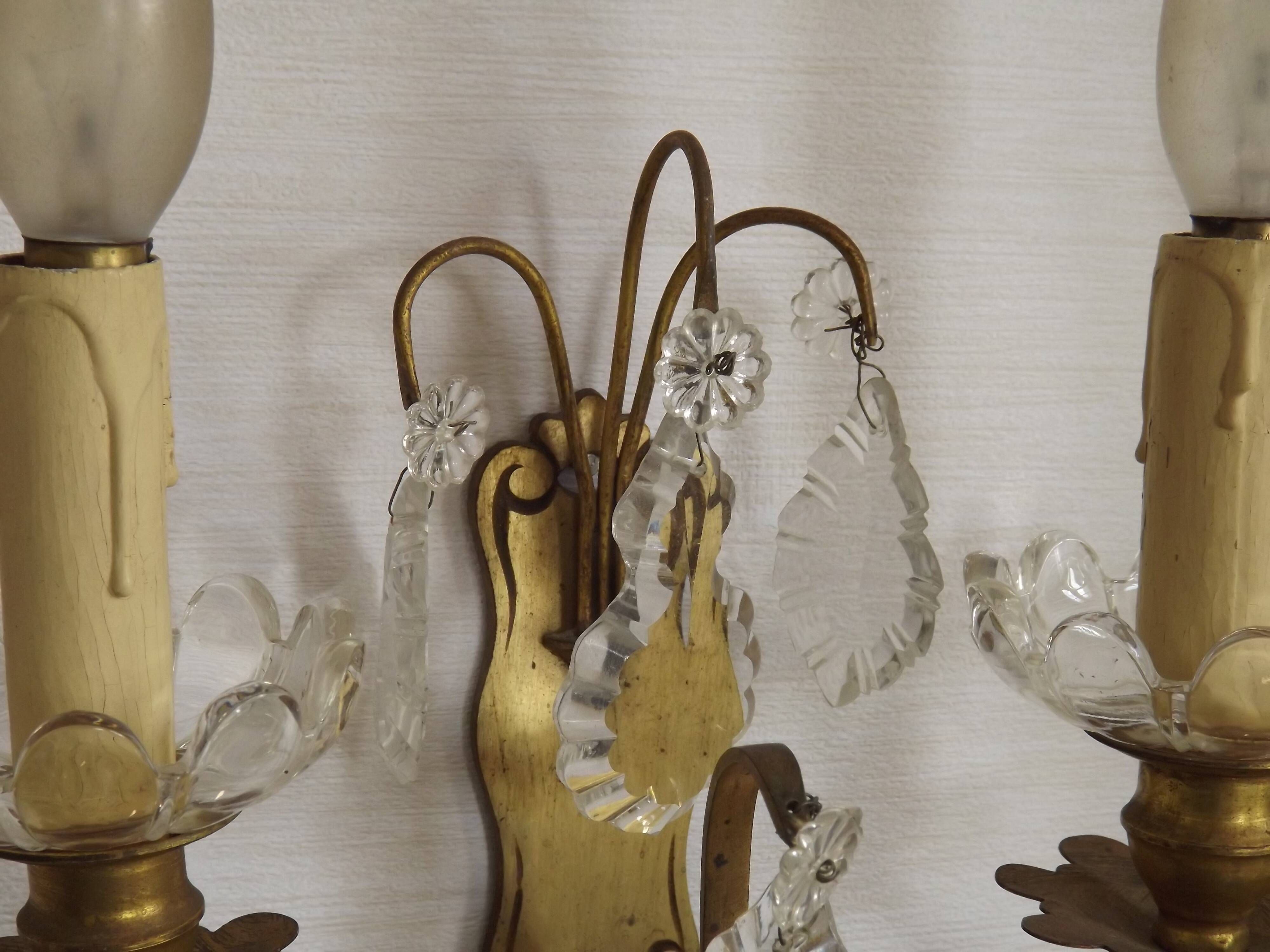 Pair of French Double Brass & Glass Wall Lights Adorned With Crystals