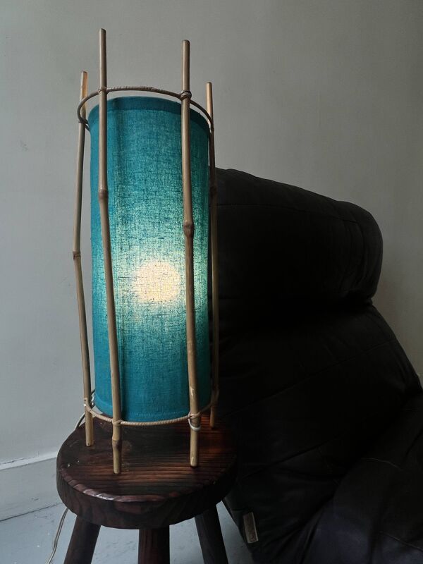 Lampe de table Louis Sognot en bambou et coton, France années 1960